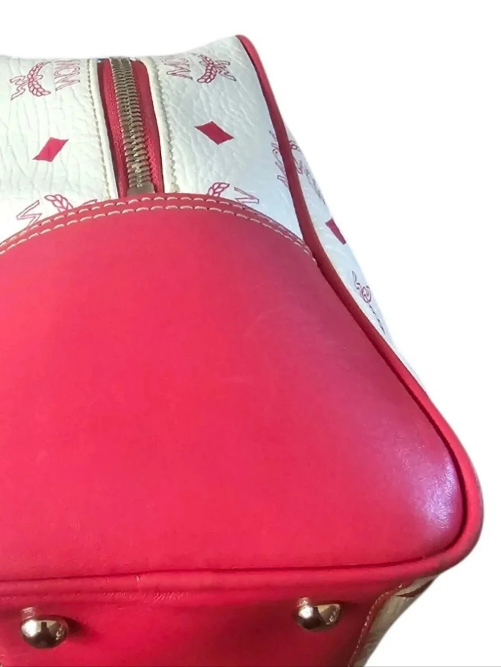 MCM Visetos Monogram Leather Pocket Boston Bag - Pink And White